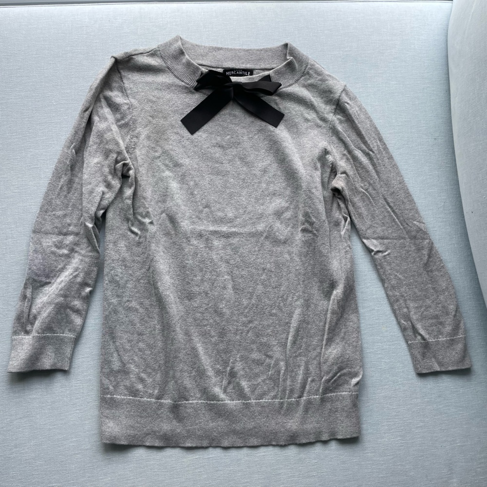J. Crew Mercantile Gray Long Sleeve Sweater Top with Black Bow -  XS